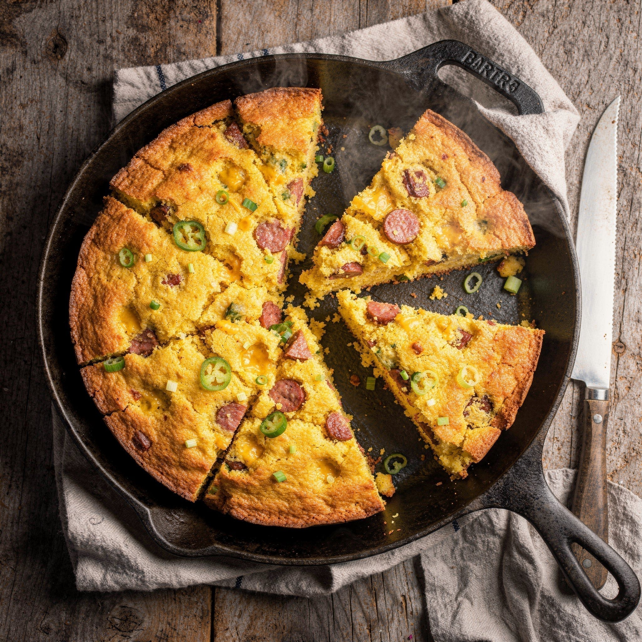 Golden andouille cornbread baked in cast iron skillet with melted cheddar cheese and jalapeños