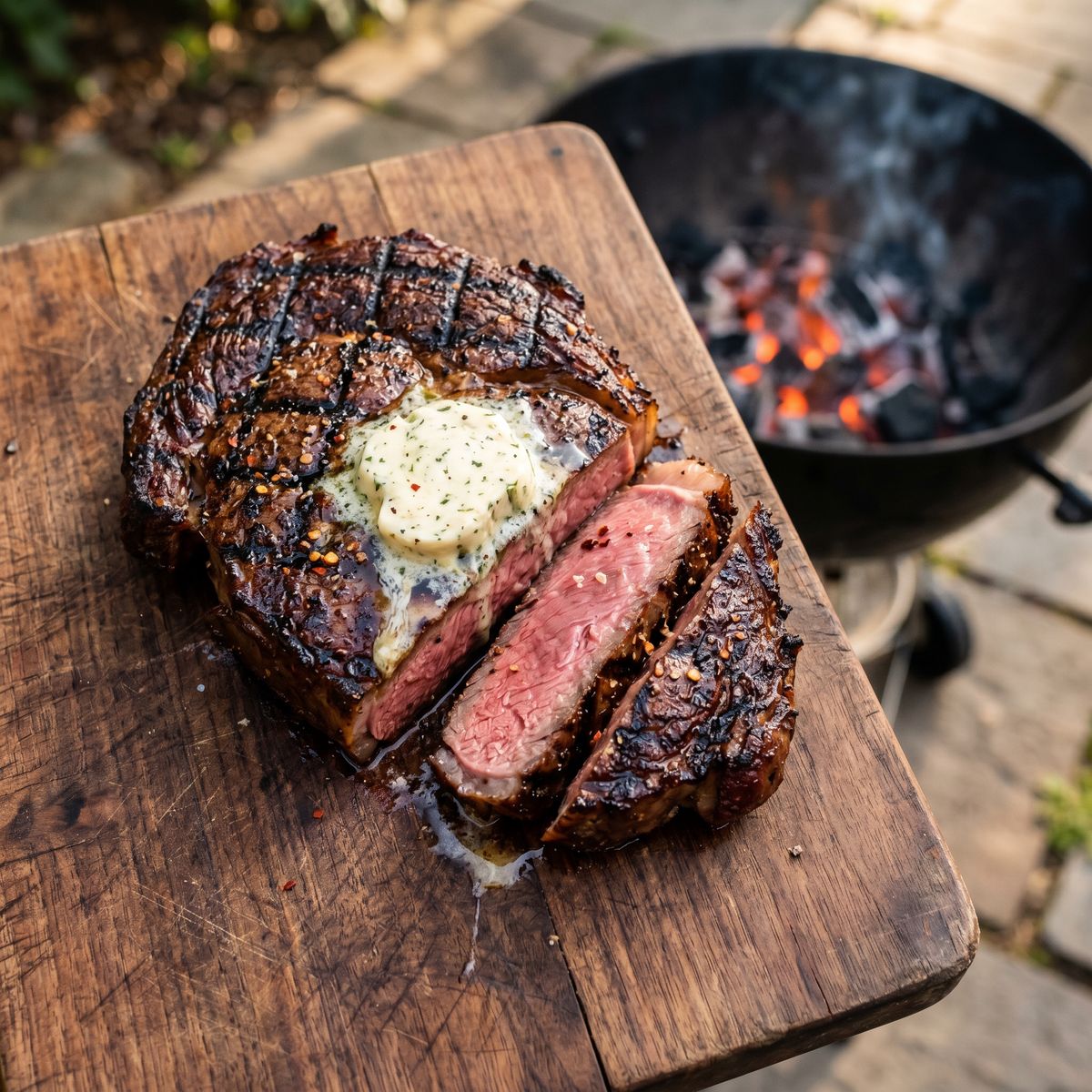 Reverse-Seared Ribeye with Espresso-Chili Crust and Whipped Roasted Garlic Tallow Butter