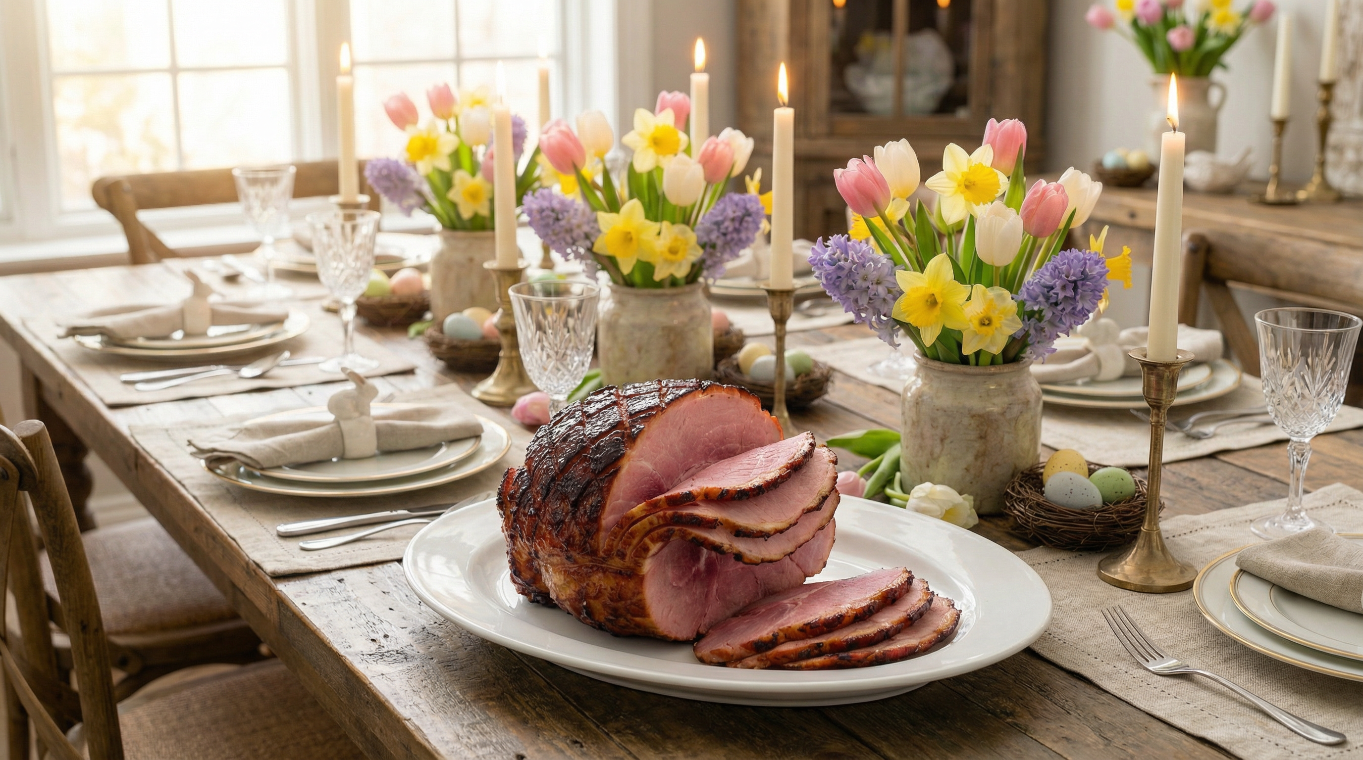 Hickory-smoked Easter hams from Ossian Smoked Meats. Whole bone-in, boneless, and ham half — fully cooked, shipped direct. Feed your table right.