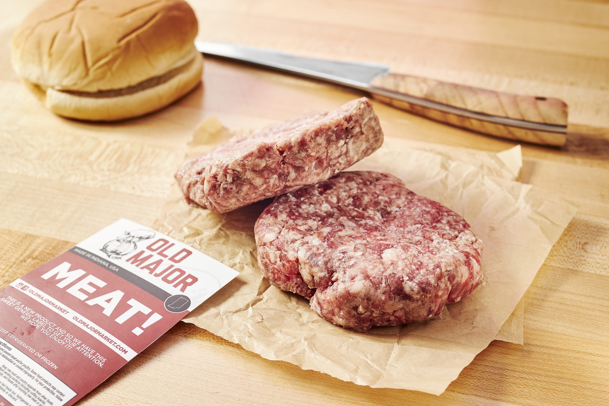 Maple bourbon bacon burgers by Old Major - two handcrafted 1/3lb beef patties with smoked bacon
