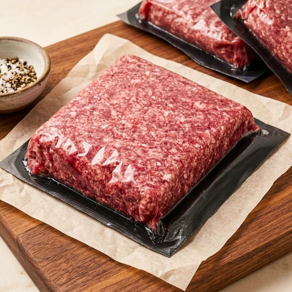 Ancestral Blend ground beef, 1 lb vacuum-sealed pack on wood cutting board