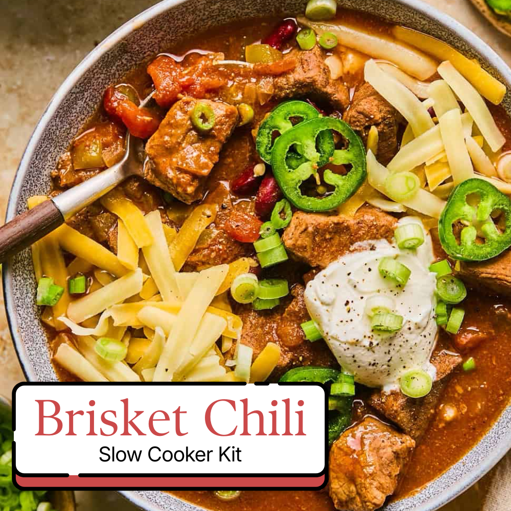 Brisket chili kit with vacuum-sealed ground brisket, beans, tomatoes and spices for slow cooker
