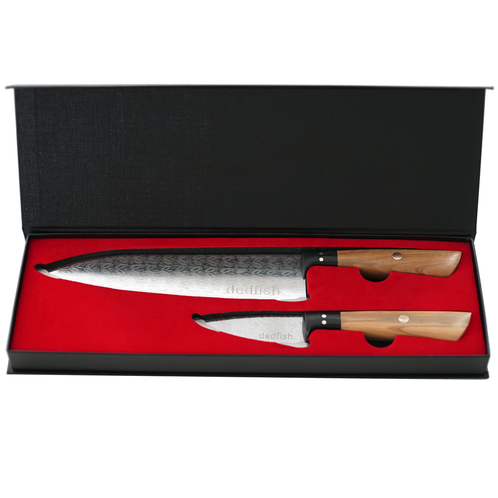 Dedfish Co. Kitchen Knife Set - Laser Etched Stainless Steel with Olive Wood Handles - Carnivore Club USA