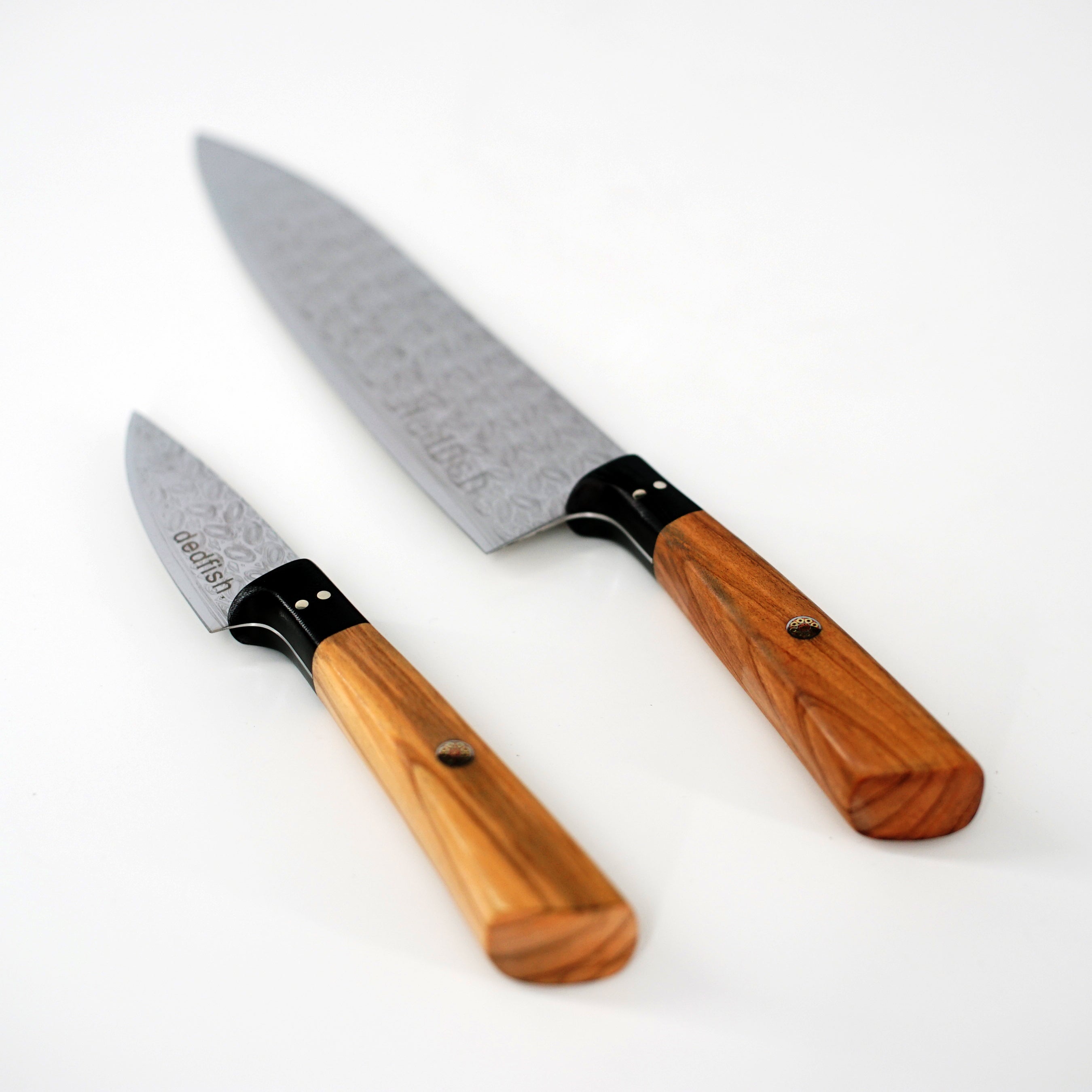 Dedfish Co. Kitchen Knife Set - Laser Etched Stainless Steel with Olive Wood Handles