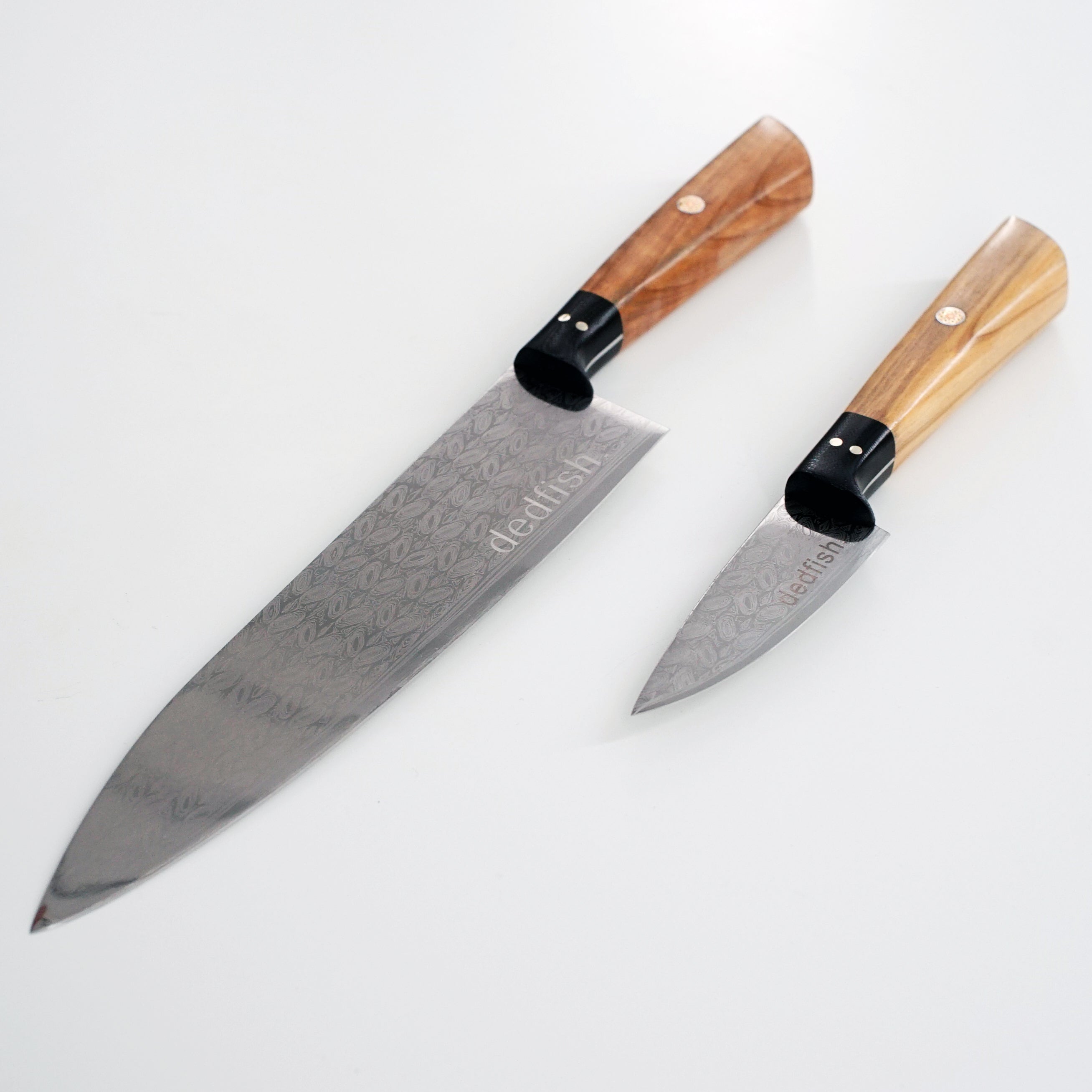Dedfish Co. Kitchen Knife Set - Laser Etched Stainless Steel with Olive Wood Handles